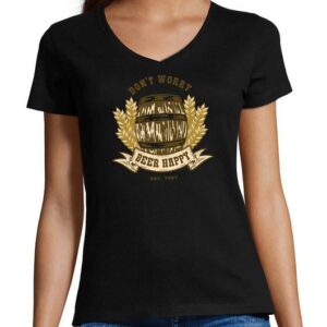MyDesign24 T-Shirt Damen Oktoberfest Shirt - Don't worry beer happy V-Ausschnitt Baumwollshirt mit Aufdruck Slim Fit, i301