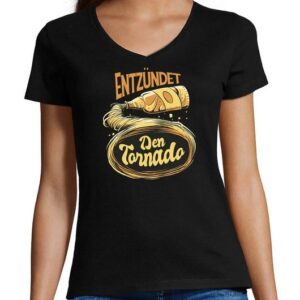 MyDesign24 T-Shirt Damen Oktoberfest T-Shirt - Entzündet den Tornado V-Ausschnitt Print Shirt Slim Fit, i302