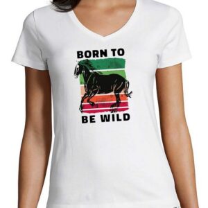 MyDesign24 T-Shirt Damen Pferde Print Shirt - Born to be wild V-Ausschnitt Baumwollshirt mit Aufdruck Slim Fit, i160