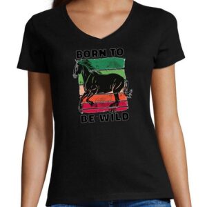 MyDesign24 T-Shirt Damen Pferde Print Shirt - Born to be wild V-Ausschnitt Baumwollshirt mit Aufdruck Slim Fit, i160