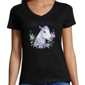 MyDesign24 T-Shirt Damen Pferde Print Shirt - Pferdekopf im Blumenkranz My Love V-Ausschnitt Baumwollshirt mit Aufdruck Slim Fit, i169