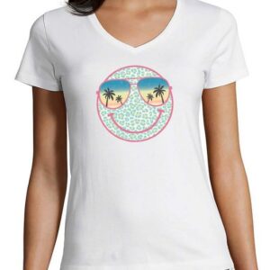 MyDesign24 T-Shirt Damen Smiley Print Shirt - Lächelnder Sommer Smiley V-Ausschnitt Baumwollshirt mit Aufdruck Slim Fit, i296