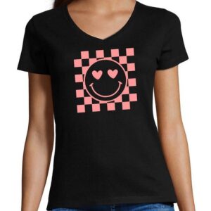 MyDesign24 T-Shirt Damen Smiley Print Shirt - Smiley mit Herzaugen und Schachbrettmuster V-Ausschnitt Baumwollshirt mit Aufdruck Slim Fit, i290