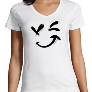 MyDesign24 T-Shirt Damen Smiley Print Shirt - Zwinkernder Smiley V-Ausschnitt Baumwollshirt mit Aufdruck Slim Fit, i294