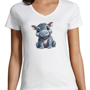 MyDesign24 T-Shirt Damen Wildtier Print Shirt - Baby Hippo Nilpferd V-Ausschnitt Baumwollshirt mit Aufdruck Slim Fit, i265