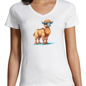MyDesign24 T-Shirt Damen Wildtier Print Shirt - Baby Kamel V-Ausschnitt Baumwollshirt mit Aufdruck Slim Fit
