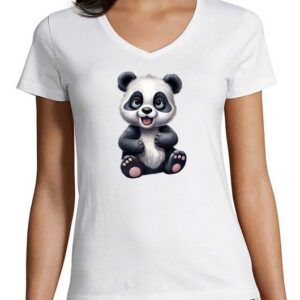 MyDesign24 T-Shirt Damen Wildtier Print Shirt - Baby Panda Bär V-Ausschnitt Baumwollshirt mit Aufdruck Slim Fit, i264