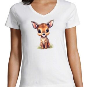 MyDesign24 T-Shirt Damen Wildtier Print Shirt - Baby Reh V-Ausschnitt Baumwollshirt mit Aufdruck Slim Fit, i269