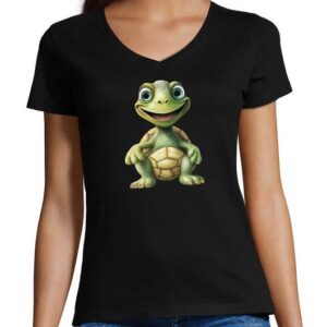 MyDesign24 T-Shirt Damen Wildtier Print Shirt - Baby Schildkröte V-Ausschnitt Baumwollshirt mit Aufdruck Slim Fit, i279