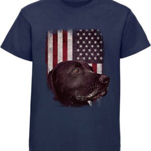 MyDesign24 T-Shirt Kinder Hunde Print Shirt bedruckt - schwarzer Labrador vor USA Flagge Baumwollshirt mit Aufdruck, i246