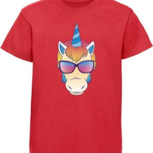 MyDesign24 T-Shirt Kinder Print Shirt bedruckt - Einhorn Kopf mit Sonnenbrille Baumwollshirt mit Aufdruck, i255