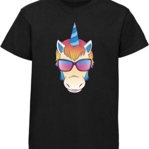 MyDesign24 T-Shirt Kinder Print Shirt bedruckt - Einhorn Kopf mit Sonnenbrille Baumwollshirt mit Aufdruck, i255