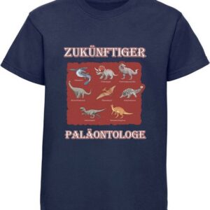 MyDesign24 T-Shirt bedrucktes Kinder T-Shirt Paläontologe mit vielen Dinosauriern 100% Baumwolle mit Dino Aufdruck, navy blau i50