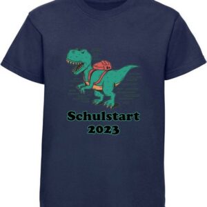 MyDesign24 T-Shirt bedrucktes Kinder T-Shirt mit brüllendem T-Rex mit Schultasche Baumwollshirt Schulstart 2023, schwarz, weiß, rot, blau, i45