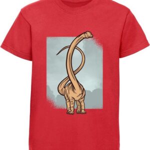 MyDesign24 T-Shirt bedrucktes Kinder T-Shirt mit langhalssaurier 100% Baumwolle mit Dino Aufdruck, rot i48