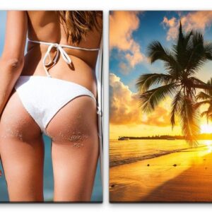 Sinus Art Leinwandbild 2 Bilder je 60x90cm Bikini Palmen Süden Sommer Traumstrand Sonnenuntergang Sexy