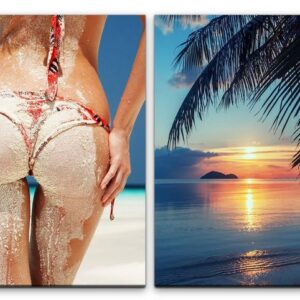 Sinus Art Leinwandbild 2 Bilder je 60x90cm Bikini Palmen Traumfigur Traumstrand Urlaub Süden Sexy