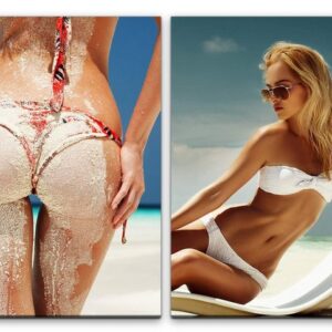 Sinus Art Leinwandbild 2 Bilder je 60x90cm Bikini Sexy Model Traumfigur Strand Heiß weißer Sand Sommer