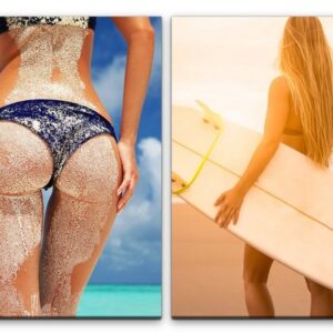 Sinus Art Leinwandbild 2 Bilder je 60x90cm Bikini Sexy Surferin Traumhaft Traumfrau Urlaub Strand