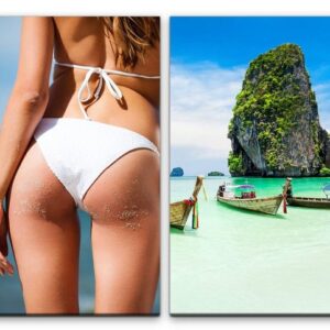 Sinus Art Leinwandbild 2 Bilder je 60x90cm Bikini Thailand Sommer Meer Urlaub Boote Sexy