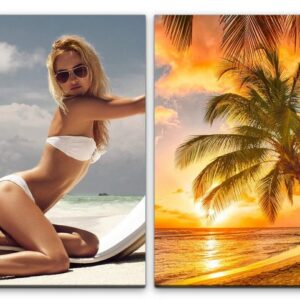 Sinus Art Leinwandbild 2 Bilder je 60x90cm Palmen Bikini Sexy Model Sonnenbrille Sommer Traumstrand Karibik