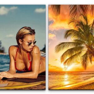 Sinus Art Leinwandbild 2 Bilder je 60x90cm Palmen Sexy Model Surfbrett Traumstrand Karibik Sommer Bikini