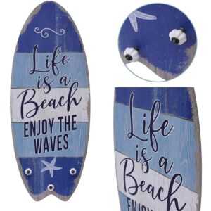 Mucola - Plankenschild Surfboard 100 cm mit Kleiderhaken Holzbild Surfbrett Wandbild Life is a Beach Vintage-Look Garderobe Holz