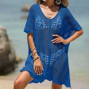 ZWY Strandkleid Blau Sexy, hohle, strukturierte, tiefe V-lose Pullover-Bikini (1-tlg., Sonnenschutz-Strandhülle) Strand Cardigan Beach Maxi DressStrandurlaub V Ausschnitt Kleid