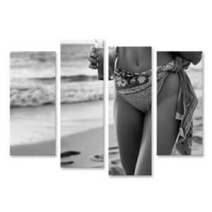 islandburner Leinwandbild Frau in Bikini und Sarong genießt barfuß einen Cocktail am Strand Wohn